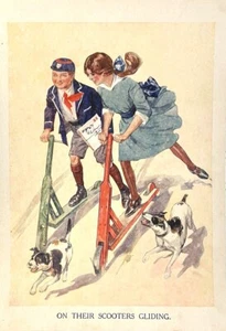 Original illustriertes Exlibris 1910 Junge Mädchen Schuluniform Holz Roller Hund - Bild 1 von 7