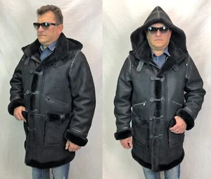 BLACK 100% REAL SHEEPSKIN SHEARLING LEATHER B7 Parka Trench Coat Jacket XS-8XL - Picture 1 of 12