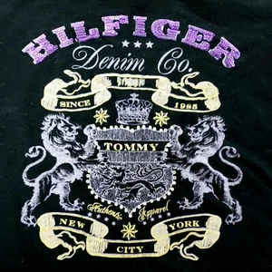Tommy Hilfiger Denim Co T-Shirt Women's Emblem Black Purple Sequins Gold Print M - Picture 1 of 8