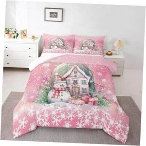 Christmas Comforter Set Size, Pink Castle and Snowman Print Queen Multi 27 - Picture 1 of 7