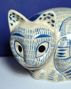 Vintage Nancy Lopez Crackled Glaze Cat Blue/Beige 1978 Made in Japan - Picture 1 of 5