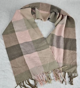 Cashmere Winter Scarf Made in Scotland Pink Gray Plaid Fringe 68" x 11" - Picture 1 of 4