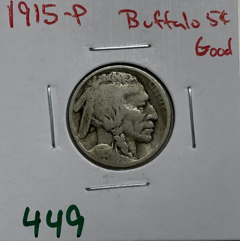 1915-P Indian Head Buffalo Nickel 5c Good US Coin Collectable Cover