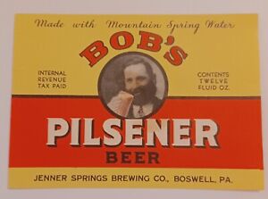 Irtp Bob's Pilsener Beer Label, Jenner Springs Brewing Co, Boswell, Pa.