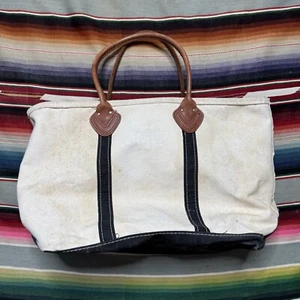 Vintage 90s LL Bean Large Boat & Tote Canvas Bag Leather Handles - Picture 1 of 7