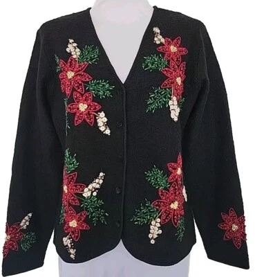 Marisa Christina Christmas Floral Black Wool V-neck Cardigan poinsettia size M - Image 1 of 4