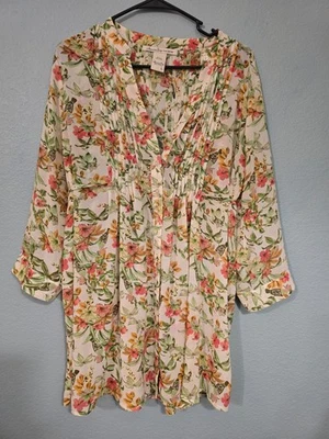 Blusa Top Túnica American Rag BOHO Crema Floral Lazo Manga 3/4 Talla Grande Foto 1 de 4