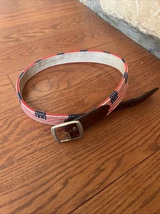 Handmade Belt Needlepoint American Flags Men Sz 31 31.5 Leather Silver Buckle - Picture 1 of 8