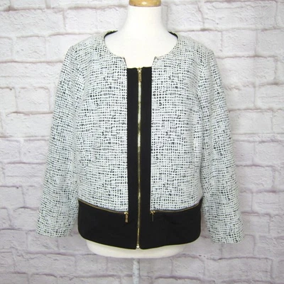 Chaqueta Blazer Calvin Klein Negra Blanca Texturizada Tweed Cremallera Frontal Elastizada 16W Foto 1 de 4