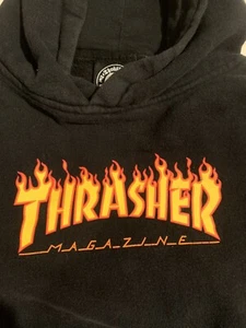 Thrasher Magazine Flames Hoodie Sweatshirt Pullover Black Youth Big Kids Medium - Picture 1 of 3