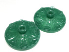 Pair Large 6" Jade Green Glass Flat Disk Candle Holders Raised Leaves Design