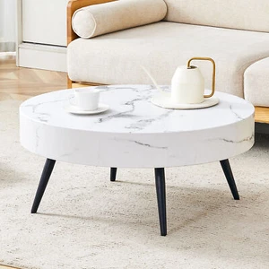 31.5" White Marble-Patterned MDF Round Coffee Table with black Metal Legs.Adjust - Picture 1 of 11