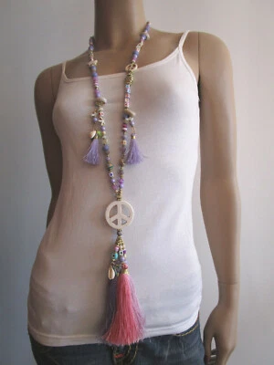 Hippie Modekette Damen Hals Kette lang Flieder Pastell Peace Festival Ibiza Boho - Bild 1 von 4