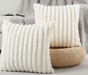Pair 18x18  Cream White Plush Faux Fur Corduroy Striped Pillow Covers #A15 - Picture 1 of 2