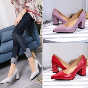Womens Ladies Pointed-Toe Court Shoes Classics High Block Heels Pumps Plus Size - Picture 1 of 49