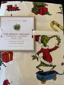 Pottery Barn Grinch And Max Organic  Flannel Queen Sheet Set New Christmas NWT - Picture 1 of 5
