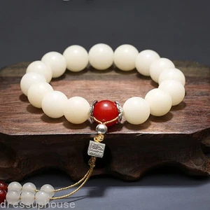 12mm Natural White Jade Bodhi Bracelet Prayer Beads Antique Curios Bracelet - Picture 1 of 8