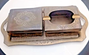 JUEGO DE FUMAR LATÓN DORADO DE COLECCIÓN: CENICERO, CAJA DE CIGARRILLOS Y BANDEJA 10,5" c1970 g. - Imagen 1 de 12