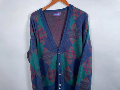 VTG Preppy Style Diamond Pattern Cardigan Adult XL Tall Green Blue Knit Sweater - Image 1 of 4