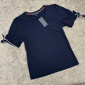 NWT Tommy Hilfiger Women Tie Sleeve Tee Size Small Navy Blue Logo (313) - Picture 1 of 7