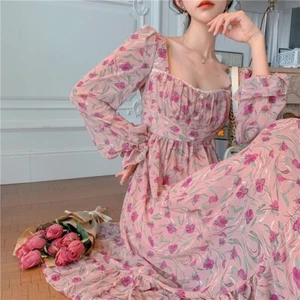 Mujeres Retro Floral Chifón Vestido Largo Cuello Cuadrado Volantes Hada Elegante Nuevo - Imagen 1 de 9