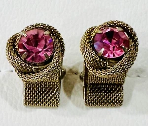 Vintage Cufflinks Pink Stone Glass Prong Setting Mesh Gold Tone - Picture 1 of 4