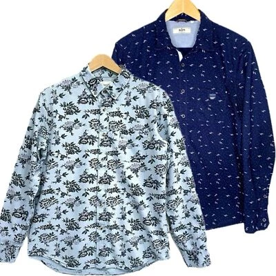 Long Sleeve Button Down Shirt Bundle Mens Size M Blue Floral & Feather Print - Image 1 of 4