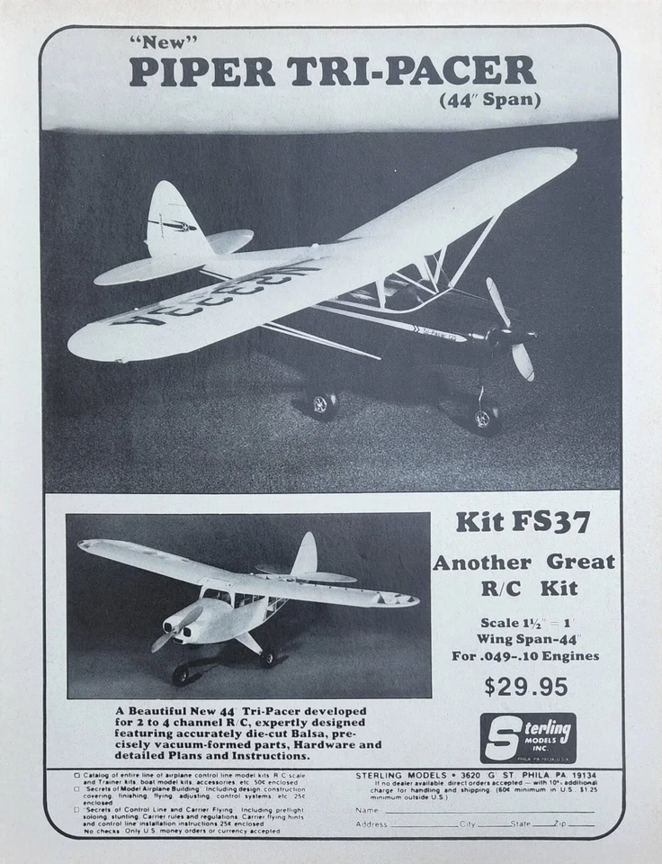 Piper Tri-Pacer Vintage Print Ad by Sterling Models Kit FS37 44" Span - Image 1 of 1