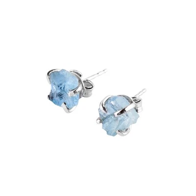 AA Raw Aquamarine Rough Crystal Stone Stud Earrings for Women, Birthstone Han... - Image 1 of 4