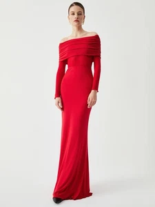 Commense Red Off-Shoulder Long Sleeve Maxi Dress Size L Elegant Ruched Neckline - Picture 1 of 5