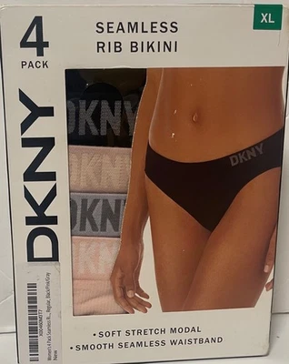 DKNY Sz XL Women's Seamless Ribbed Bikini Underwear 4 Pack-Black/Gray/Nude/Pink - Image 1 of 3