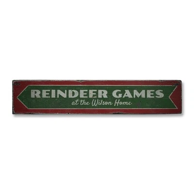 Reindeer Games, Custom Family Last Name - Rustic Distressed Wood Sign - Image 1 of 2