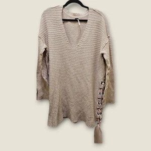 Free People Heart It Schnürpullover Tunika V-Ausschnitt Strick Rose Freizeit Damen Large - Bild 1 von 8