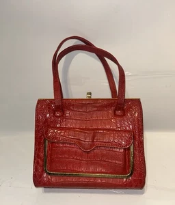 Bolso de Mano de Cuero Mylady Estampado de Cocodrilo Rojo Hecho en Inglaterra De Colección - Imagen 1 de 7
