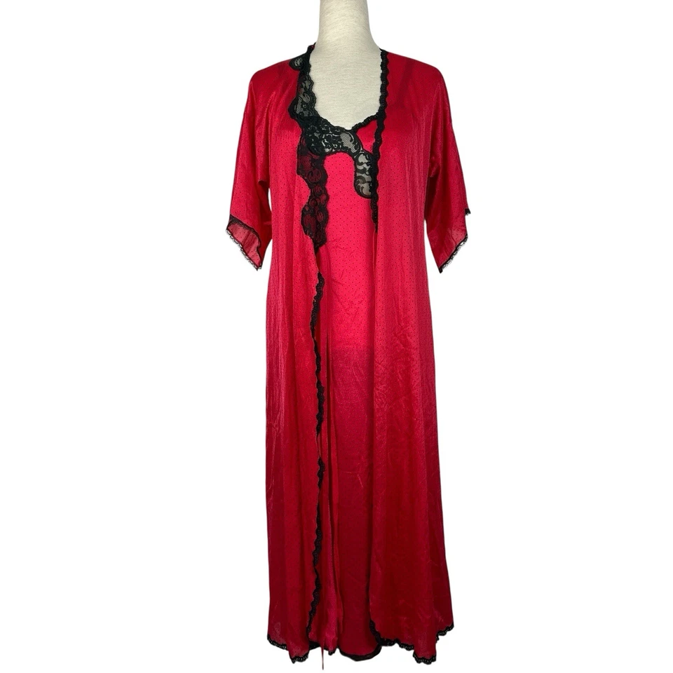 Bata larga Peignoir vintage años 70 Vanity Fair 2 piezas encaje a lunares rojo Foto 1 de 4