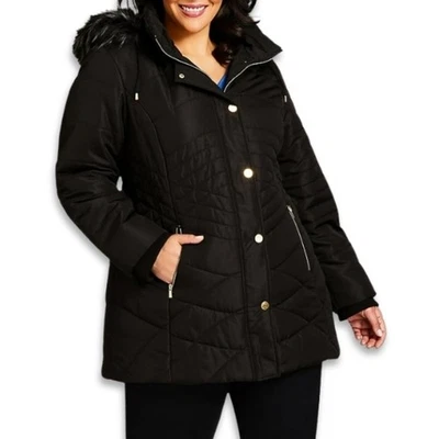 Chaqueta Avenue Puffer diseño acolchado ribete de piel sintética con capucha negra lisa W 14/16 nueva con etiquetas Foto 1 de 4
