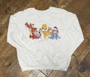 VTG Disney Christmas Sweatshirt White Winnie & Friends Small Crew Neck Pullover - Picture 1 of 5