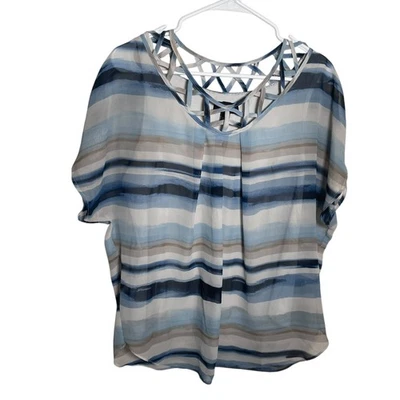 AB Studio Blouse Women's Large Short Sleeve Career Striped Shirt Top Casual - Image 1 of 4