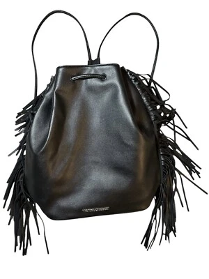 VICTORIA SECRET Fringe Drawstring Bag Backpack Purse Black Faux Leather Boho - Image 1 of 4