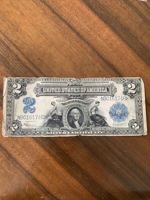 1899 Blue Seal $2 Silver Certificate Mini Porthole Washington Large Note - Image 1 of 4
