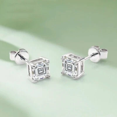 1CT Asscher Moissanite Solitaire Stud Earrings S925 Silver 14k White Gold Plated - Image 1 of 4