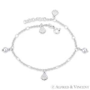 Clam Seashell & Ball Bead on Cable Chain Italy .925 Sterling Silver Charm Anklet - Picture 1 of 1