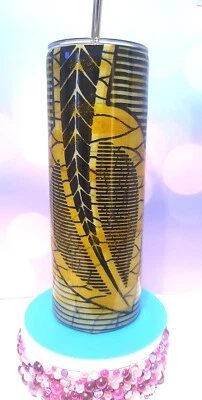 Vaso delgado recto de acero inoxidable con estampado de tela étnica (hoja) 20 oz con paja Foto 1 de 4