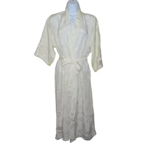 Vintage Full Length White Satin Brocade Kimono Robe Floral Bamboo Belted L New - Picture 1 of 11