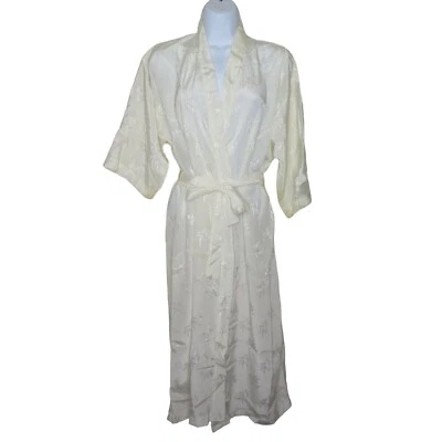 Vintage Full Length White Satin Brocade Kimono Robe Floral Bamboo Belted L New - Image 1 of 4