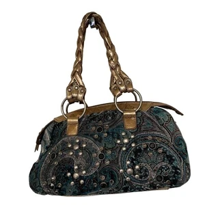 Womens Hand Bag Purse STUDDED EMBELLISHED Gems Embroidered Paisley Print Braided - Picture 1 of 14