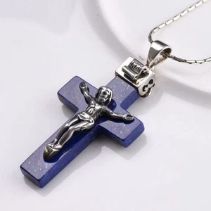 925 Sterling Silver Catholic Lapis Lazuli Cross Jesus Crucifix Necklace Pendant - Picture 1 of 7