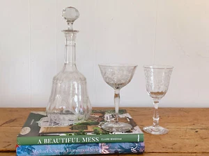Vintage Etched Crystal Glass Decanter with Etched Crystal Coupe and Wine Glasses - Picture 1 of 10