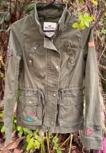 Hollister Cotton Twill Cargo Jacket Green Olive embroidery womens teens S - Picture 1 of 7