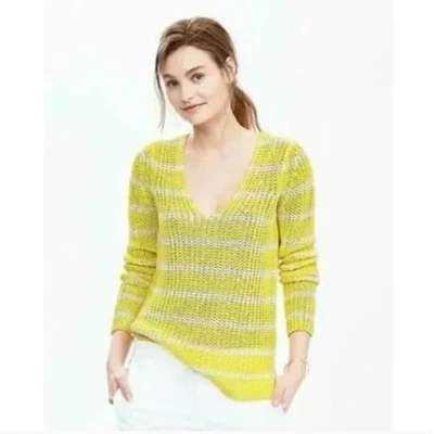 Banana Republic Yellow White Italian Linen Chunky Striped V-Neck Crochet Sweater - Image 1 of 4